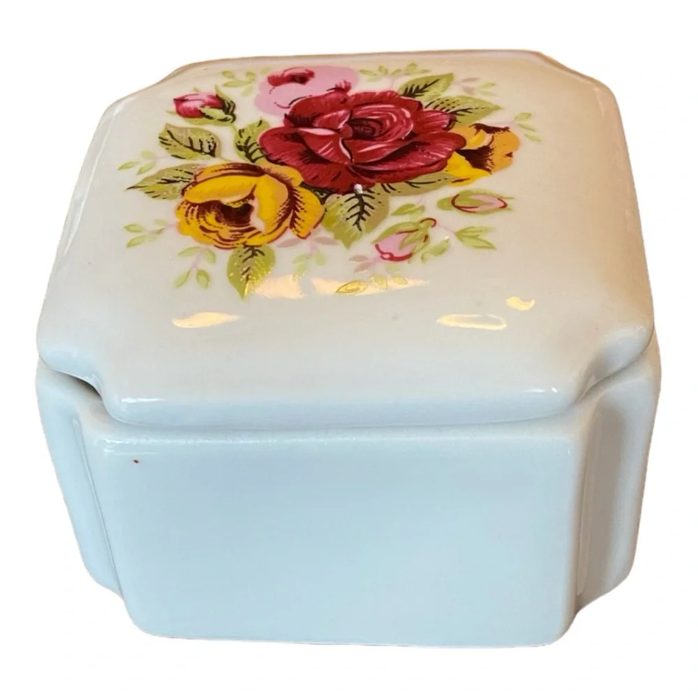 Vintage Floral Porcelain Trinket Box Rose Jewelry Case